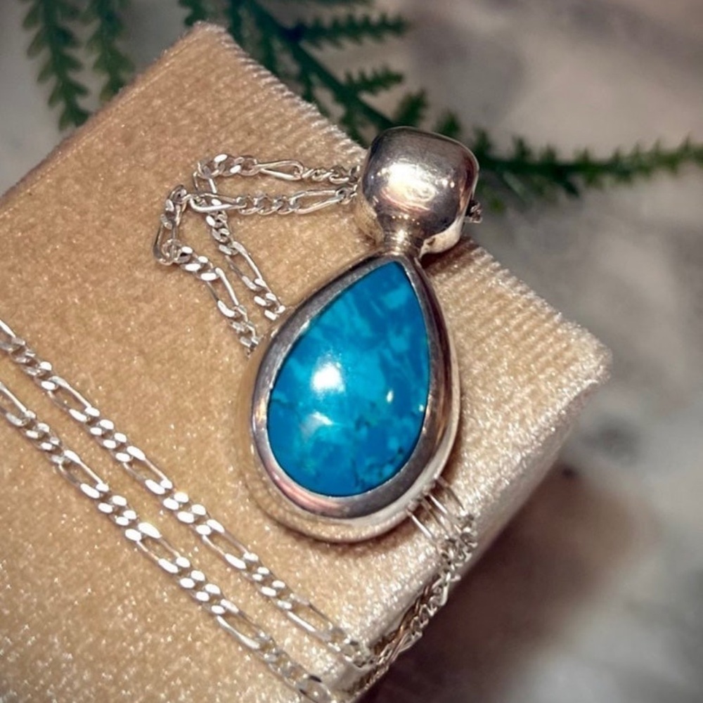 Vintage Handmade Turquoise Pendant Solid Heavy 925 Sterling Silver Mexico .925 - Picture 6 of 15